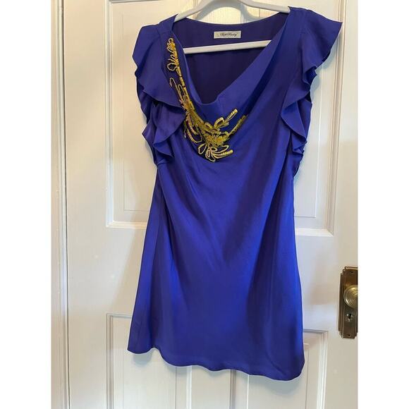 Beth Bowley Purple Beaded Floral Yellow Flutter Sleeve Top Slinky Women's M - Picture 5 of 13